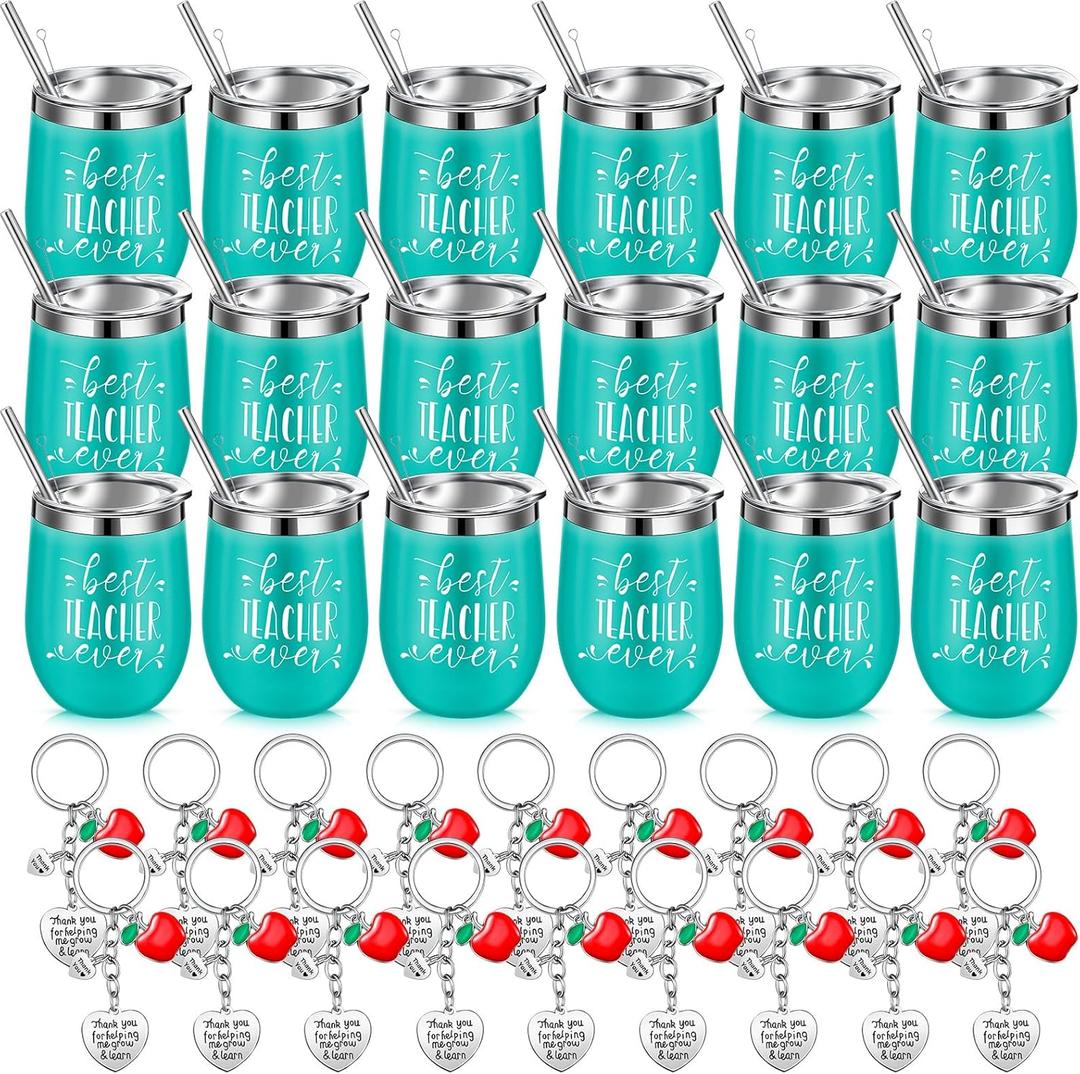 36 Pcs Teacher Appreciation Gift Sets 12 oz Teacher Tumbler for Women Men Thank You Birthday Graduation Christmas Gifts 18 Best Ever Cup and 18 Keychain(Mint)