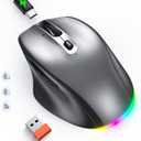 Wireless Bluetooth Mouse for Laptop, LED Rechargeable Mouse with Tilt Wheel, Ergonomic Wireless Mice for Multi Device 2.4G +BT1+BT2, Bluetooth Computer Mice for Laptop PC Computer Tablet Smartphone (Black Gray)