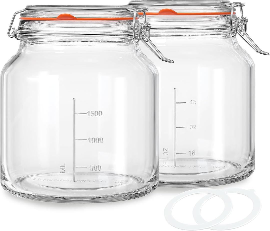Qianfenie 2 Pack 79oz Glass Jar with Lid(2350ML), 0.6 Gallon Mason Jars Wide Mouth with Airtight Lid, Glass Pickle Jar for Food Storage, Cookies, Pickling, Kombucha(Includes 2 Spare Seals)