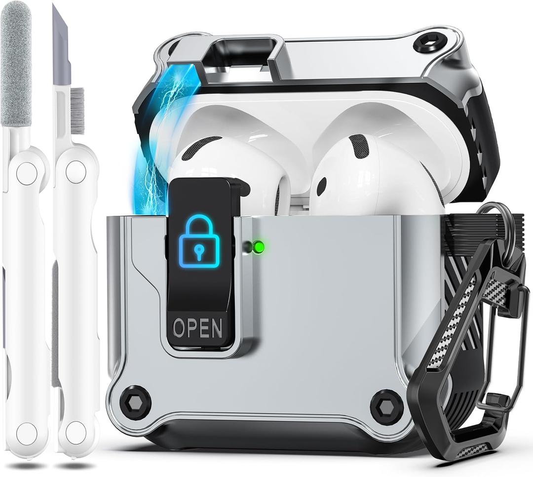 R-fun Compatible with AirPods 4th Gen Case, Full Drop Protection Auto Pop-Up Lid and Lock Design with Cleaner Kit and Keychain for AirPods 4 2024-Silvery