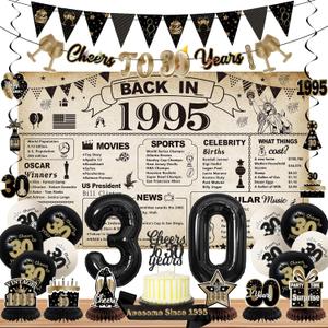 DARUNAXY 30th Birthday Party Decorations for Men Women, Vintage Back in 1995 Banner, Black 30 Number Balloons & Cake Topper, Vintage 1995 30 Birthday Honeycomb Hanging Swirl Confetti Balloons(28PC)