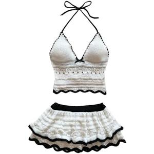 RoseSeek Women's 2 Piece Vacation Outfits Knit Color Block Backless Halter Top and Mini Layered Skirts Set Size Small