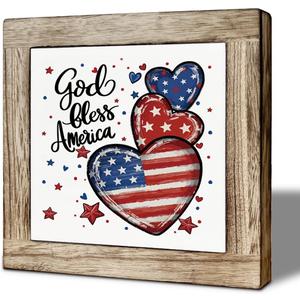 Patriotic Wooden Sign God Bless America Decor, Independence Day 4th of July Wooden Plaque for Home Desk Table Shelf Americana Decoration Gift, 5.9x5.9 Inch