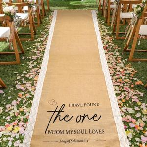 Tondiamo 3.33 ft x 30 ft Wedding Aisle Runner Outdoor Natural Burlap Aisle Runner for Wedding Ceremony Wide Rustic Jute Carpet Rug with Lace Black Printing for Outdoor Beach Ceremony Lawn Church