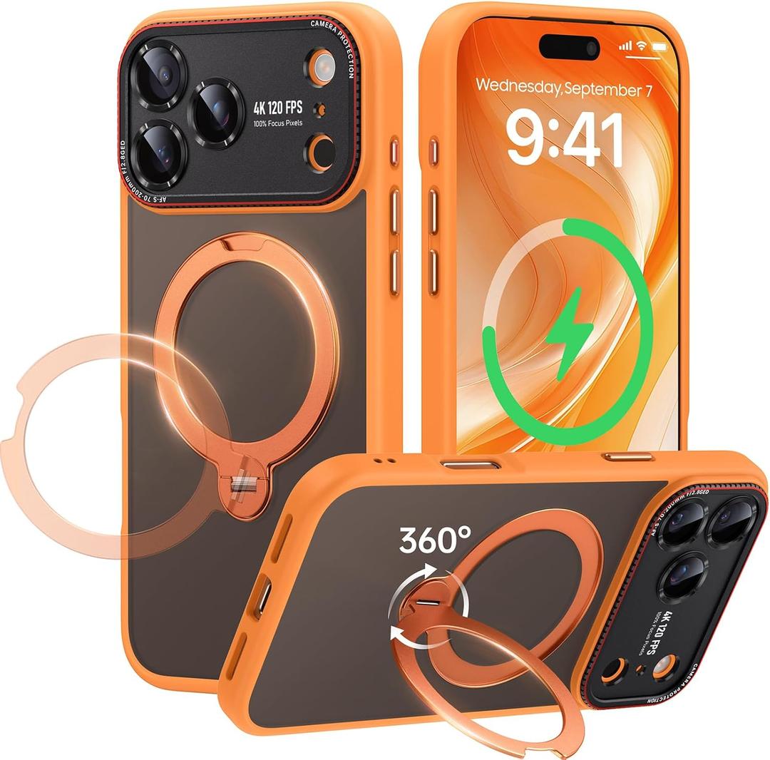For iPhone 17 Pro Max Case: 360 Spin Magnetic Stand, Camera Protection (Compatible with MagSafe) [18FT Military Protection] Shockproof Matte Translucent Phone Cover for iPhone 17 Pro Max 6.9", Orange