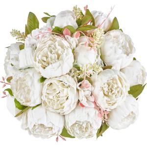 Mkono Peonies Artificial Flowers, 2 Packs 13 Stems Faux Peony Flowers Real Touch Fake Silk Bouquet for Arrangements Dining Table Centerpieces for Kitchen Bridal Wedding Party (2, White)