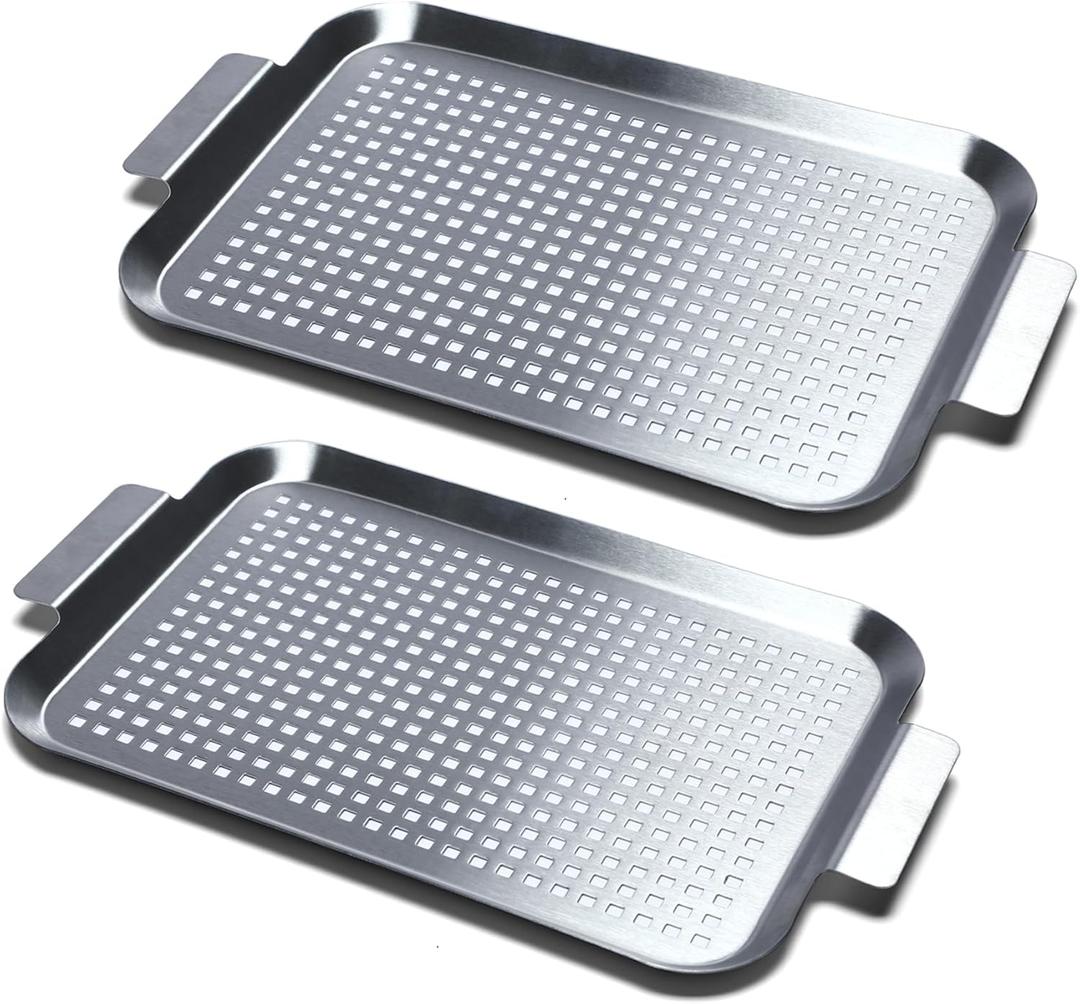 Grill Pan Set of 2, BBQ Grill Topper for Outdoor Grill, Stainless Steel Grilling Baskets with Holes and Handles, Perforated Food Tray Barbecue Accessories for Vegetable, Fish, Middle x 2