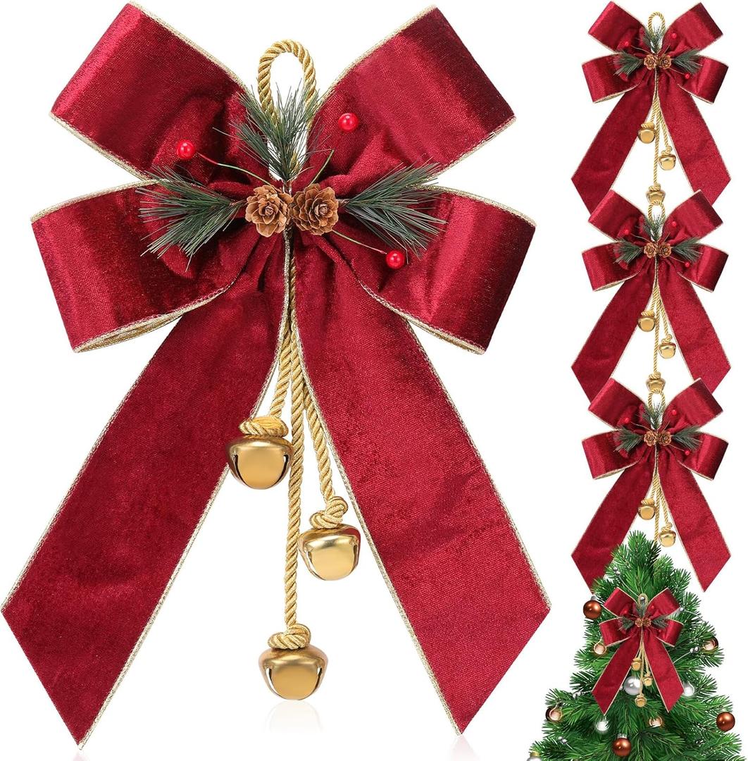Yinkin Christmas Tree Wreath Bow Christmas Ribbon Bows with Bells 11 x 7.8 in Velvet Pine Cone Bowknot Xmas Tree Hanging Ornaments Decor for Home Xmas Party Outdoor Indoor(Burgundy,4 Pcs)