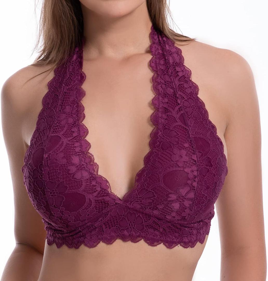 JOJOANS Halter Lace Bralette Unpadded Wireless Sheer Bra Bustier Full Coverage Lingerie (M)