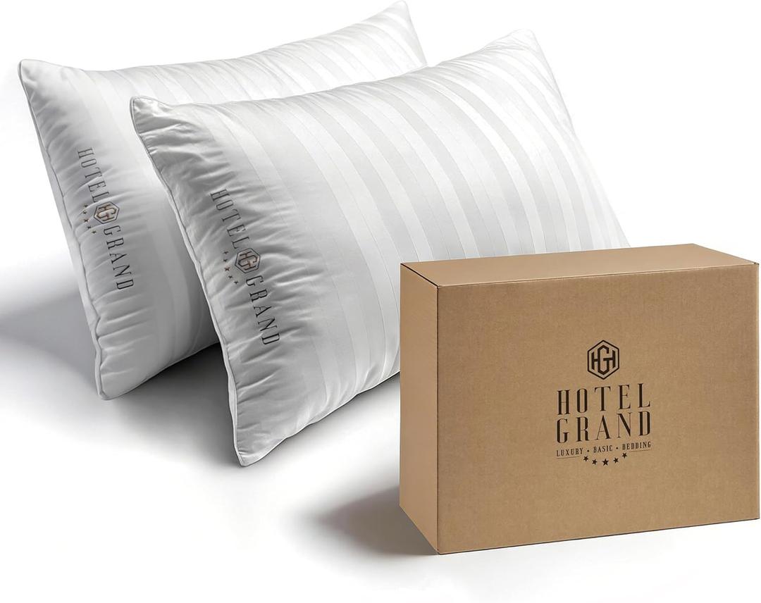 Hotel Grand Bed Pillows King Size Set of 2 Packs - 500 Thread Count 100% Cotton Medium Firm Hypoallergenic Feather Down Pillows Machine Washable Pillow for Back, Stomach or Side Sleepers, 20"x36"
