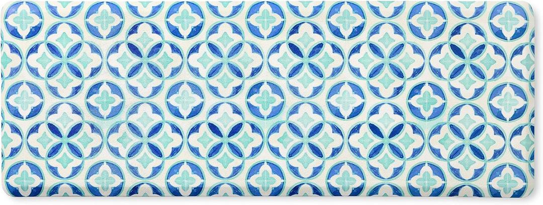 Fiesta Mali Tiles Geo Trellis Anti-Fatigue Comfort Kitchen Runner Mat, Non-Slip Floor Mat, Padded Standing Desk Mat, Blue/Aqua/White, 20"x55"