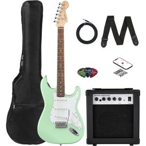 Fender Squier Stratocaster Electric Guitar - Surf Green Bundle with Amplifier, Gig Bag, Cable, Strap, Picks, and Austin Bazaar Instructional Video