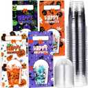 Sunnychicc 25 Pcs Halloween Disposable Cups with Lids 12oz Pumpkin Cup Cartoon Printed Party Tumbler for Treat Candy Halloween Party Favors Supplies Props