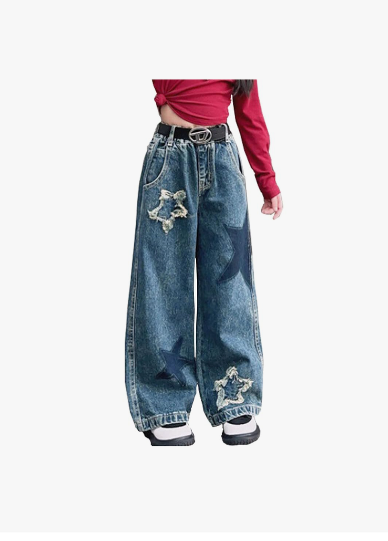 5-14 yrs Kids Girls Jeans Distressed Elastic Waist Baggy Denim Wide Leg Pants Trousers