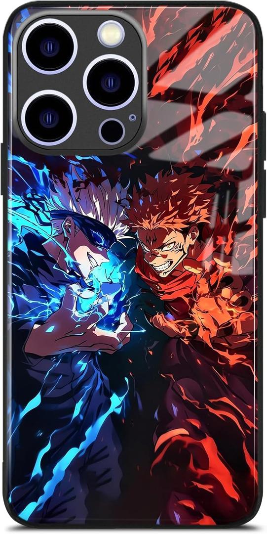 Anime Phone Case for iPhone 16 Pro Max, Manga Design Tempered Glass Back with Soft Silicone Bumper, Shockproof Glossy Cover Shell (Satoru_Yuji_Sukuna)