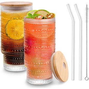 Glass Cups with Lids and Straws, Embossed 16 oz Glass Tumbler, Iced Coffee Cups with Lids, Ideal for Cocktail, Whiskey(2PACK)