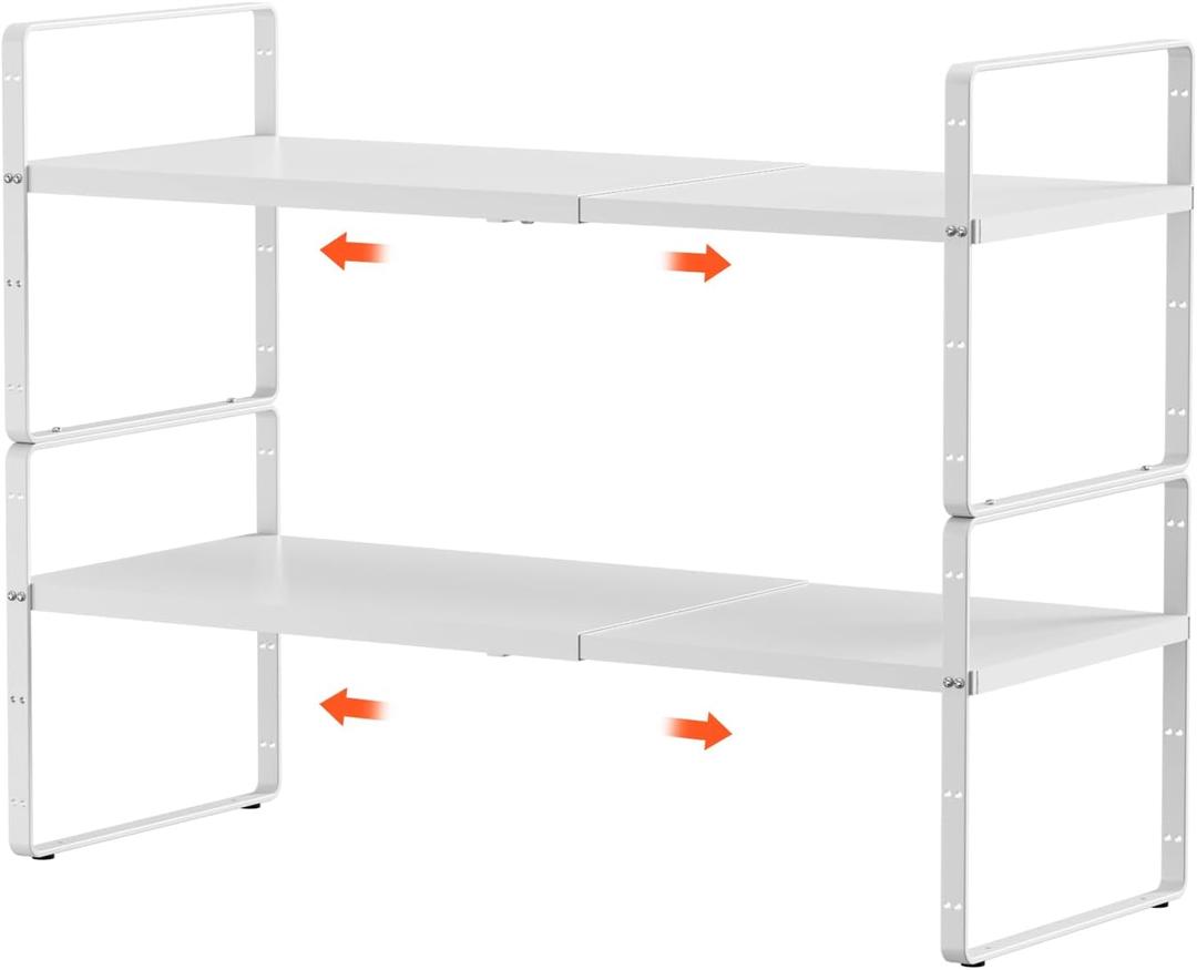 2Pack 16.5-27’’L Expandable Kitchen Shelf Organizer, Stackable Shelves Organizer, Adjustable Height Pantry Spice Rack for Cabinet, Countertop, Pantry and Cupboard, White