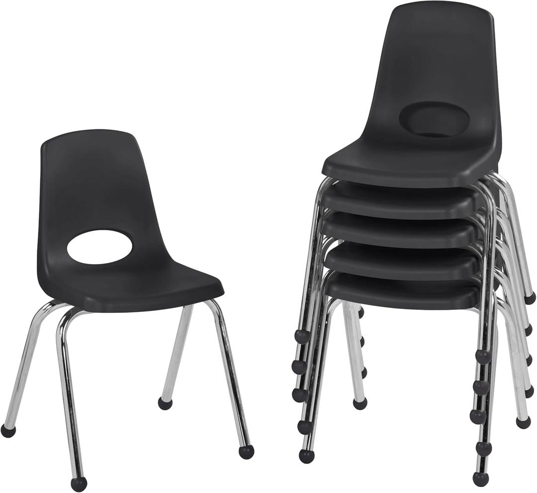 Factory Direct Partners 10367-BK 16" School Stack Chair, Stacking Student Seat with Chromed Steel Legs and Ball Glides for in-Home Learning or Classroom - Black (6-Pack)