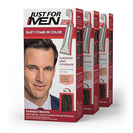 Just For Men Easy Comb-In Color Mens Hair Dye, Easy No Mix Application with Comb Applicator - Darkest Brown, A-50, Pack of 3