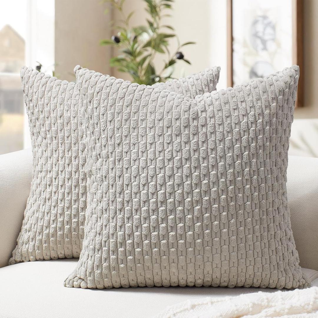 Softalker Throw Pillow Covers 18x18 Inch, Set of 2, Soft Corduroy Boho Stripe Decorative Pillow Cover, Couch Fluffy Pillow Cover for Farmhouse Home Decor Bed Living Room, Grey
