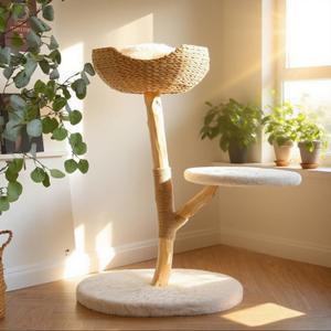 Modern Cat Tree, Natural Pear Wooden Cat Tower for Indoor Cats, Real Branch Luxury Cat Condo with Scratching Post & Hanging Toy Ball35" Tall