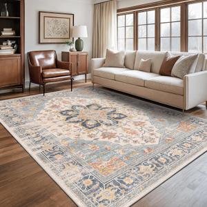 Rugland 5x7 Area Rugs for Living Room - Stain Resistant Washable Rugs 5x7, Non Slip Backing Vintage Tribal Pattern Machine Washable Area Rugs (5'x7', Blue)