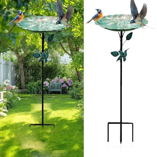 PLENORA Bird Bath for Outside, Metal Birdbath Freestanding Bird Bath & Birdfeeder with 3-Pronged Base, Using for Outdoors Garden Patio Yard, Green