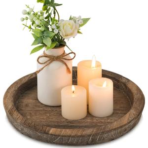 Hanobe Candle Plate Holder Tray: Round Wood Decorative Candle Plate Decor Farmhouse Table Centerpiece Rustic Wood Tealight Pillar Trays for Christmas Wedding Halloween Home Decor (Distressed)