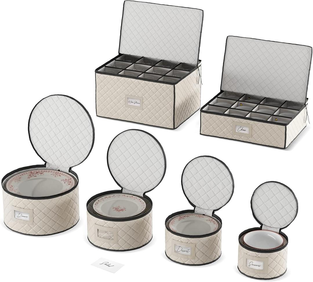 Woffit China Storage Containers - 4 Pack, Quilted Dinnerware & Stemware Set Bins for Packing Dishes and Glasses w/ 48 Felt Protectors - Essential Dish Supplies for Moving, Christmas, Seasonal Storage