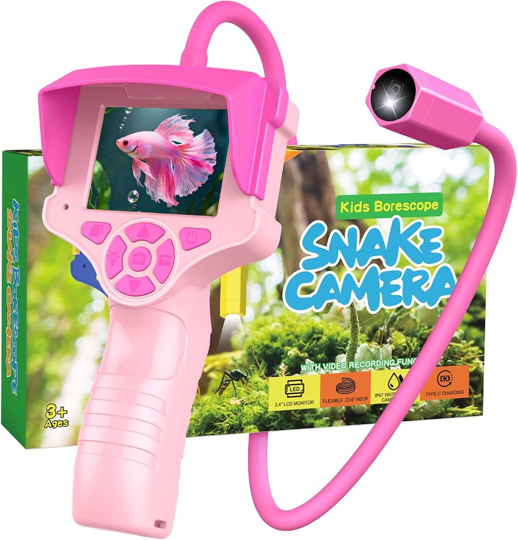 Borescope Snake Camera with Light & 32G SD Card for Girls Age 4-10, Educational STEM Toys, Science Gifts for 5 6 7 8 9 10 Year Old Girl Kid, Equipped Sun Visor, Hiking Camping Toys for Kids (Pink)