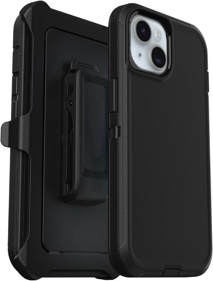 Defender Case Compatible with iPhone 15, Shockproof, Drop Proof, Ultra-Rugged with Port Protection, Includes Holster Clip Kickstand Black