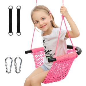Hand-Knitting Toddler Swing, Swing Seat for Kids with Adjustable Ropes, Little tikes Swings Set, for Outdoor Indoor, Playground, Backyard (Pink)