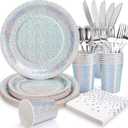 Iridescent Plates Party Supplies-168pcs Iridescent Party Decorations includes Holographic Plates Silver Dot Napkins and Silverware Set for Disco Winter Birthday Party Decorations Serves 