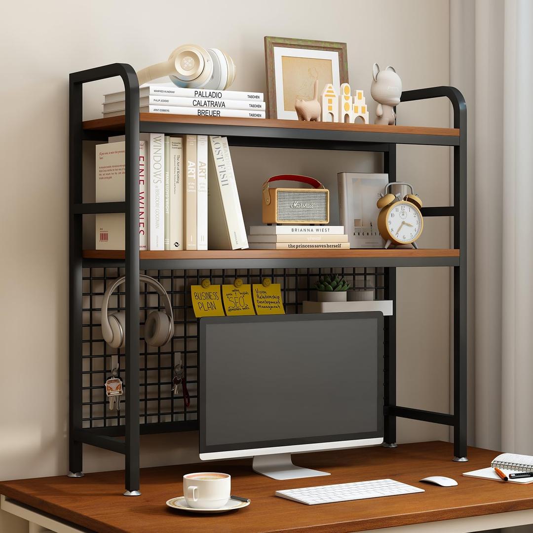 IOTXY 2-Tier Desktop Hutch Bookshelf, Metal Desk Shelf, Black, 37.4" W