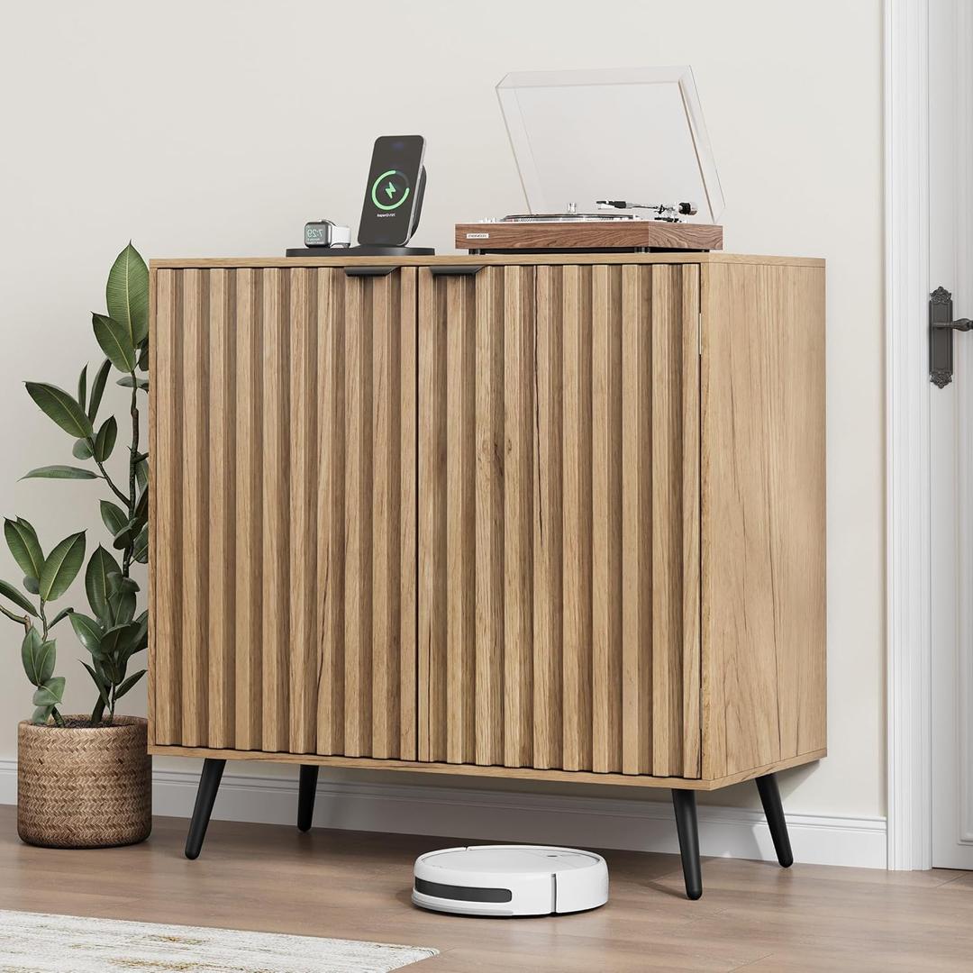 Smuxee Fluted Sideboard Cabinet, Freestanding Natural Buffet Cabinet with Adjustable Shelf, Wood Storage Cabinet for Living Room, Entryway, Hallway (Wide-31.69 in)