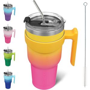 BJPKPK 40 oz Tumbler With Handle Stainless Steel Insulated Tumbler With Lid And Straw Travel Coffee Cups For Women And Men,Pink Yellow Rose
