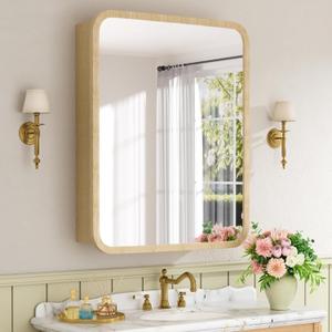 24x30 Inch Wood Medicine Cabinet with Mirror, Surface or Recessed Mount Bathroom Mirror Cabinet, Adjustable Glass Shelves, Soft-Close Door, Rounded Corner, Fully Assembled, Oak