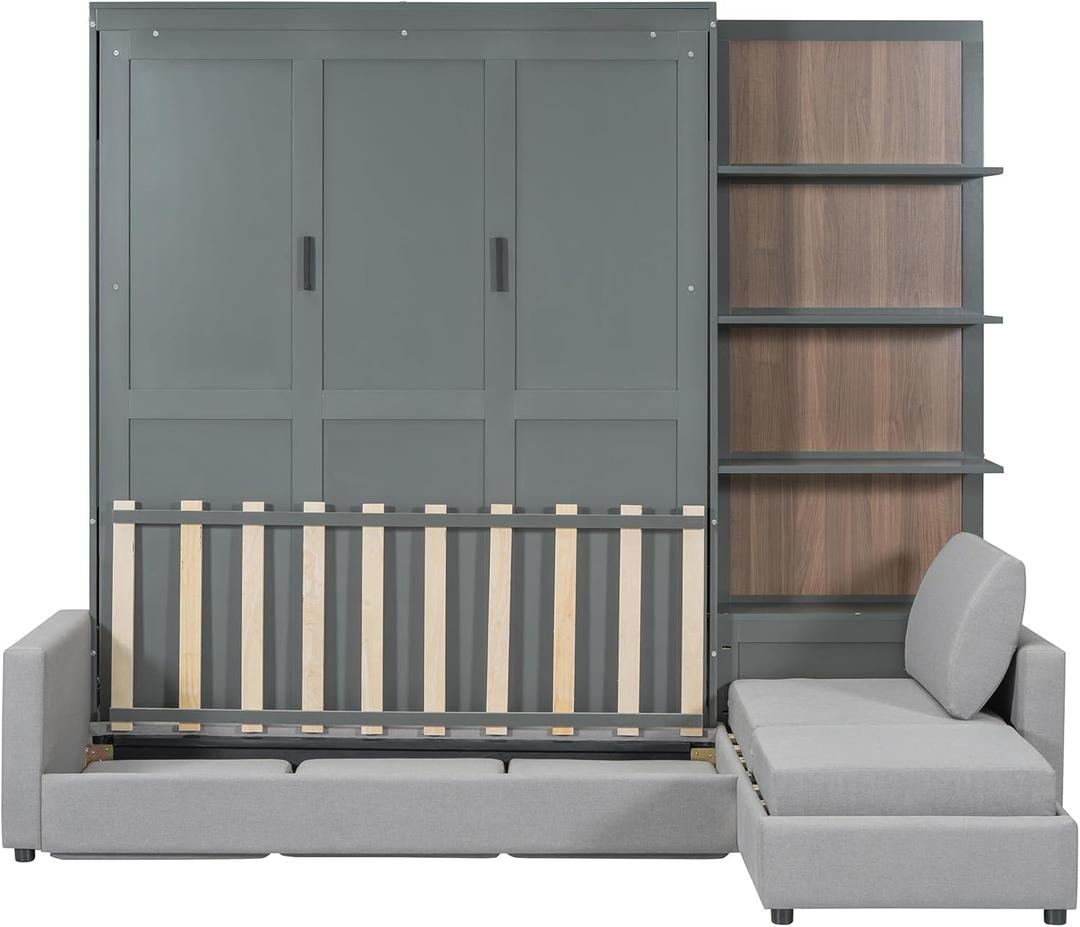 Ball & Cast Murphy Bed Queen Size Wall Chest with Sofa and Shelves, Wood Hideaway Cabinet Platform Bedframe w/ Slat Support, can be Folded, Space-Saving, for Small Room, Dorms, Gray