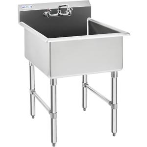 HALLY Commercial Stainless Steel Sink 1 Compartment NSF Prep & Utility Sink with 8" Faucet 24" L x 24" W x 12" D Bowl for Bar, Restaurant, Kitchen, Hotel and Home