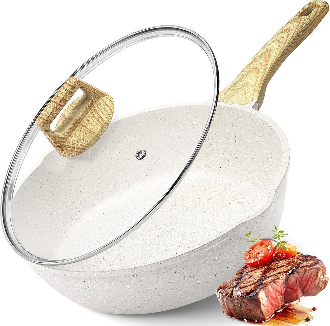 GiPP Nonstick Deep Frying Pan Skillet, 9.5" Saute Pan with Lid, Granite Induction Cookware Non Stick Cooking Pan, PFOA PFOS APEO Free, White (Cream)