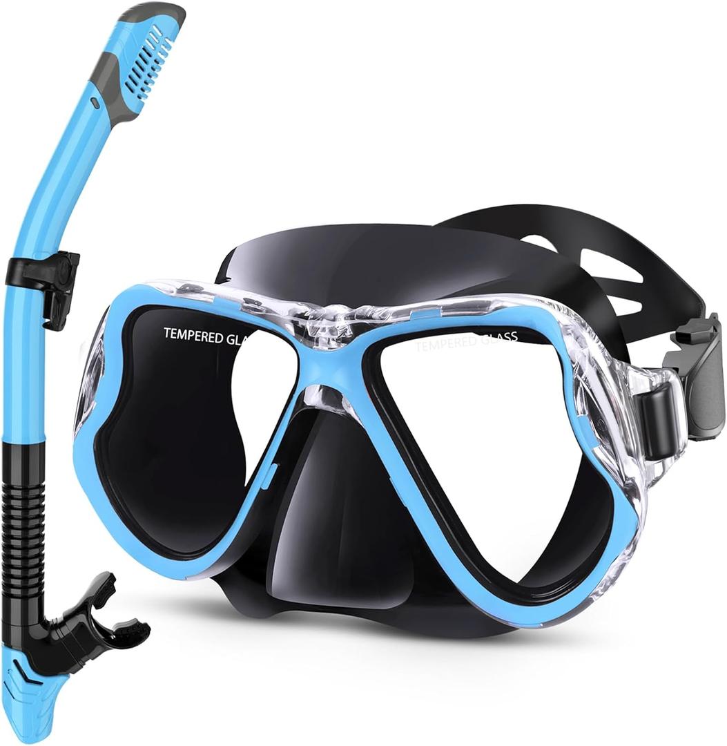 Greatever Dry Snorkel Set,Panoramic Wide View,Anti-Fog Scuba Diving Mask,Professional Snorkeling Gear (Adults, Black Sky Blue)