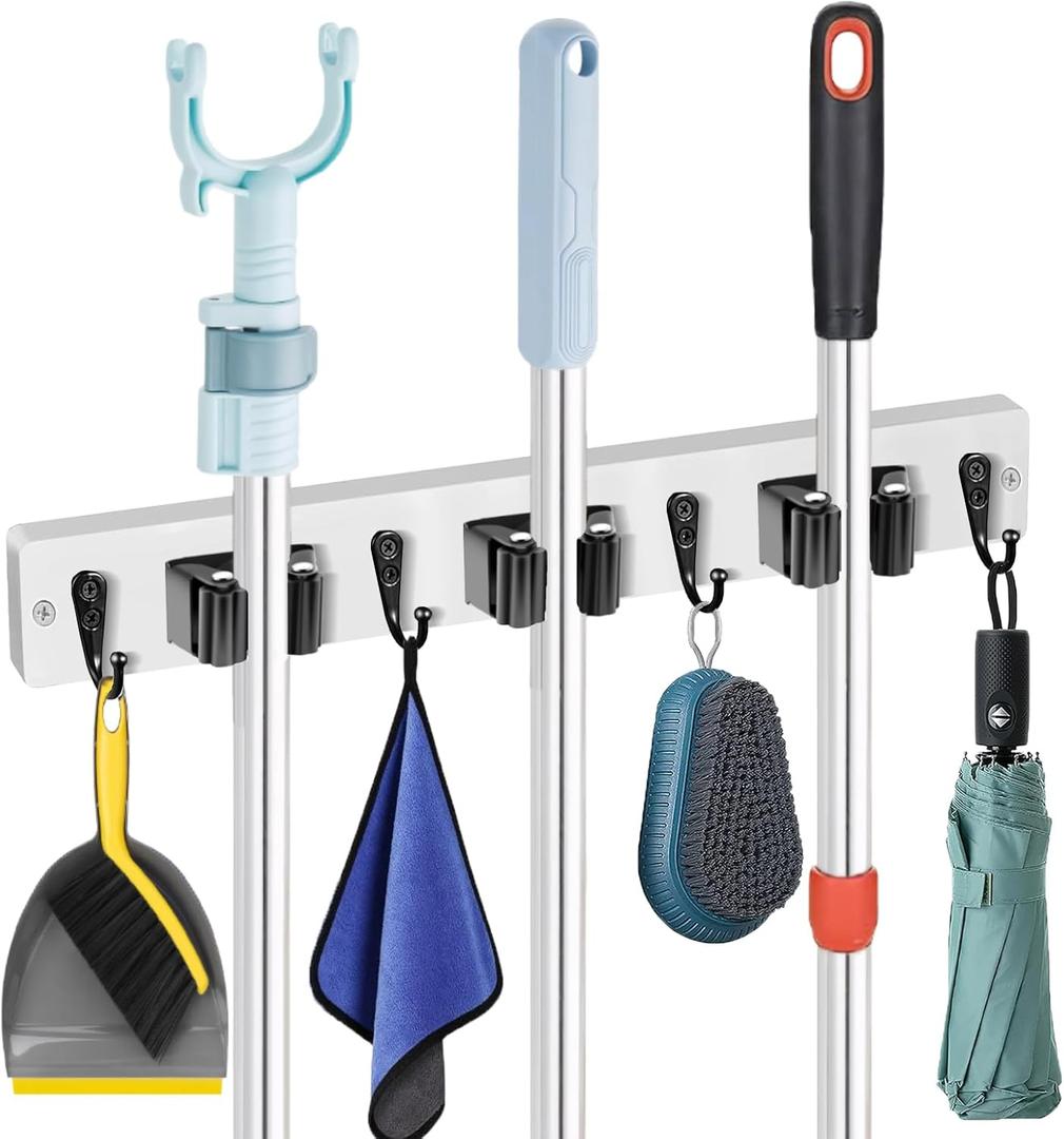 Mop and Broom Holder Wall Mount-Rustic Wood Broom Hanger Wall Mount | Laundry Room Organization and Storage Broom Organizer Wall Mount-Kitchen Decor Modern Farmhouse Wall Decor (Whites-3slots/4hooks)