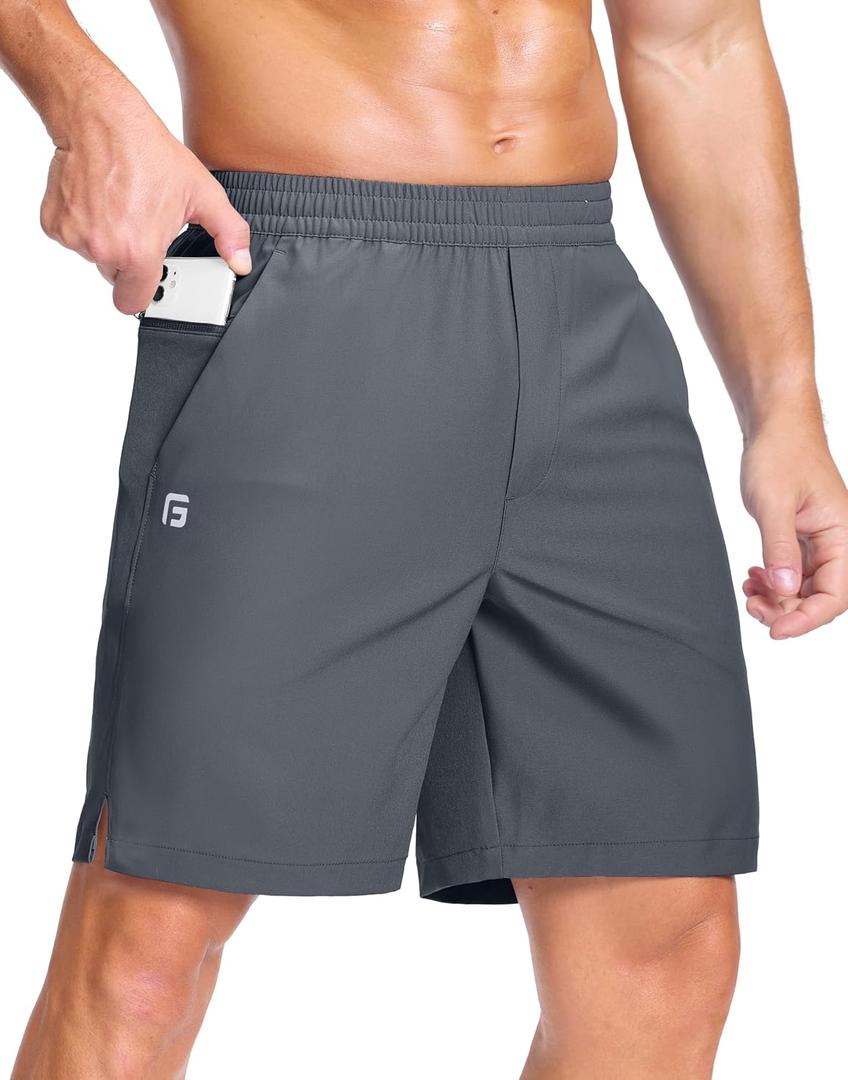 GGJ Men's Lightweight Athletic Shorts with Zipper Pockets 7" Gym Workout Running Quick Dry Tennis Basketball Shorts for Men Grey XXL