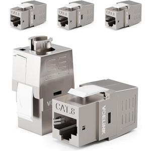 VCE RJ45 Cat8 Shielded Keystone Jack, 40Gbps 180-Degree Easy Toolless Modular Jack PoE for 22 to 24 AWG Solid or Stranded S/FTP Ethernet Cable, Silver, 5 Pack