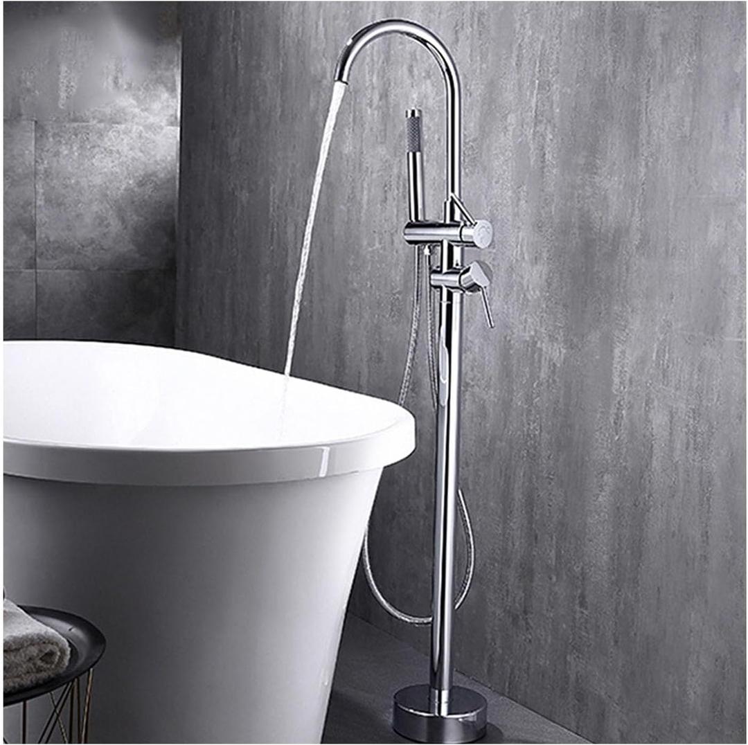Brass Floor Standing Bathtub Faucet Mixer Taps Swivel Gooseneck Spout Double Handle Free Standing Tub Faucet with Handheld Sprayer,Chrome