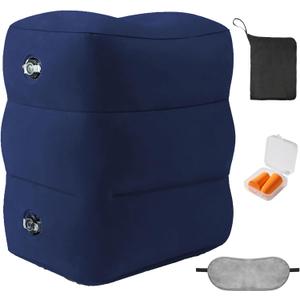 Inflatable Foot Rest Pillow for Travel - Adjustable Height Flight Foot Rest with Eye Mask and Earplugs for Kids & Adults on Airplane, Car, Train, Office, and Home (Blue, 1 PC)