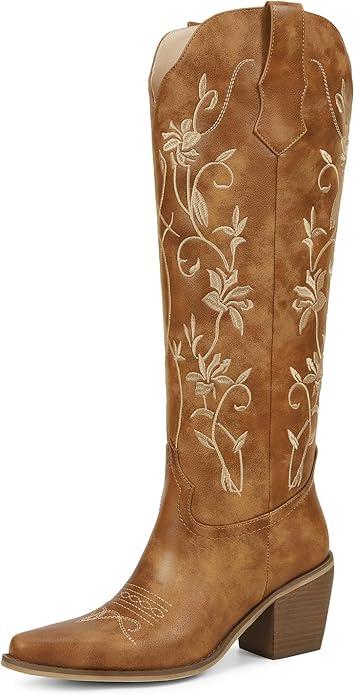 wetkiss Cowboy Boots for Women Knee High Cowgirl Boots, Western Boots with Floral Embroidered Pointed Toe Chunky Heel Pull On Retro Vintage Classic Tall Boots for Ladies, Size 7