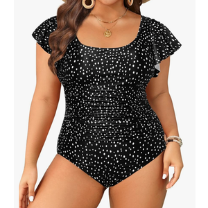 Plus Size One Piece Swimsuit - Women Tummy Control Bathing Suit Ruffle Vintage Swimwear with Sleeves 18W