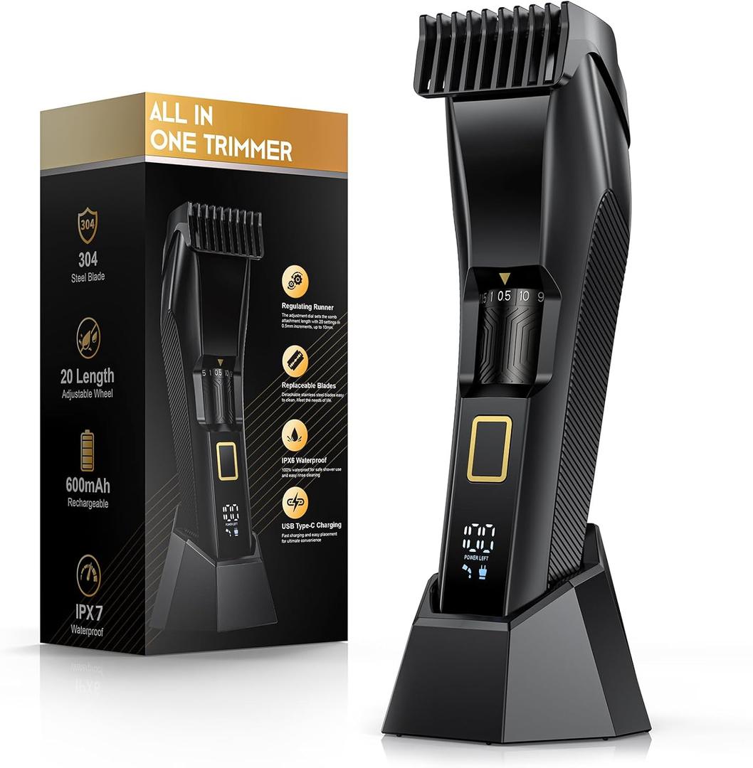 Men's Beard Trimmer-All-in-One Mustache Trimmer for Men with 20 Length Adjustable, Stainless Steel T-Blade for Precision Facial Hair Trimming Cordless IPX7 Waterproof Wet/Dry Clipper,LED Display (Black Gold)