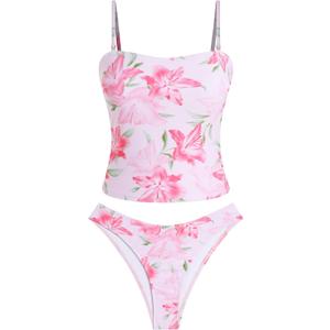 ZAFUL Women's Floral Tankini Swimsuits Bandeau Tummy Control High Cut Tankini Set Two Piece Bathing Suit (S)